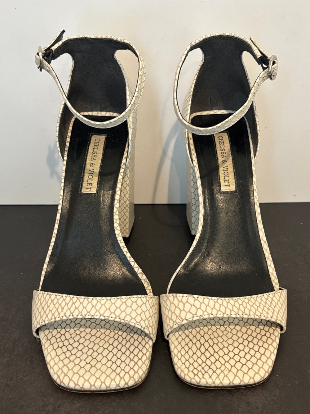 Chelsea & Violet Cream Snake-Embossed Ankle Strap Block Heels